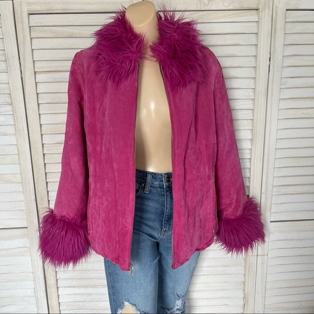 WILSONS LEATHER MAXIMA 90s PINK LEATHER W/ FAUX FUR TRIM COAT - Picture 3 of 14